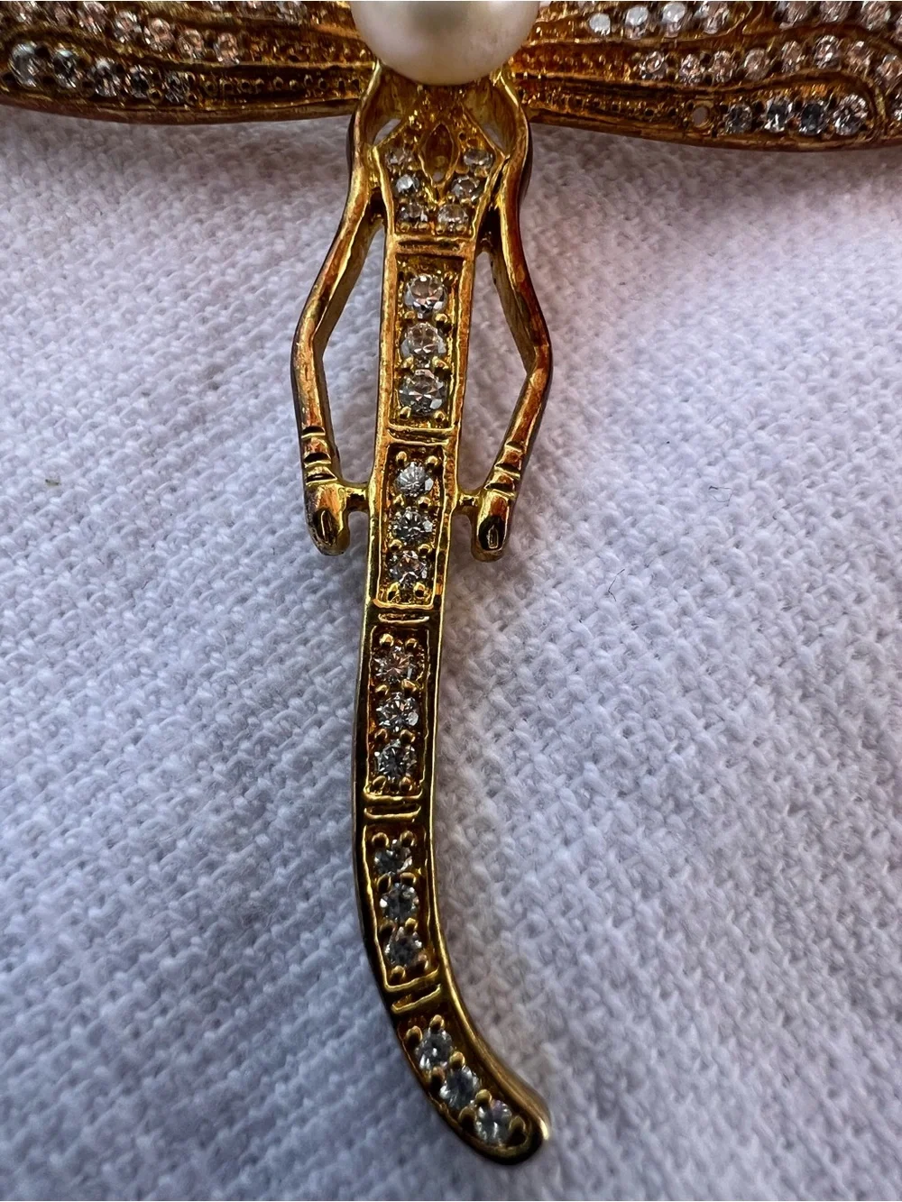 Vintage Art Deco Gold Dragonfly Brooch with Pearl Crystal and Green Accents
